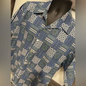 Men’s Tori Richard Hawaiian Blue Grey Geometric Vacation Travel Cruise Shirt L